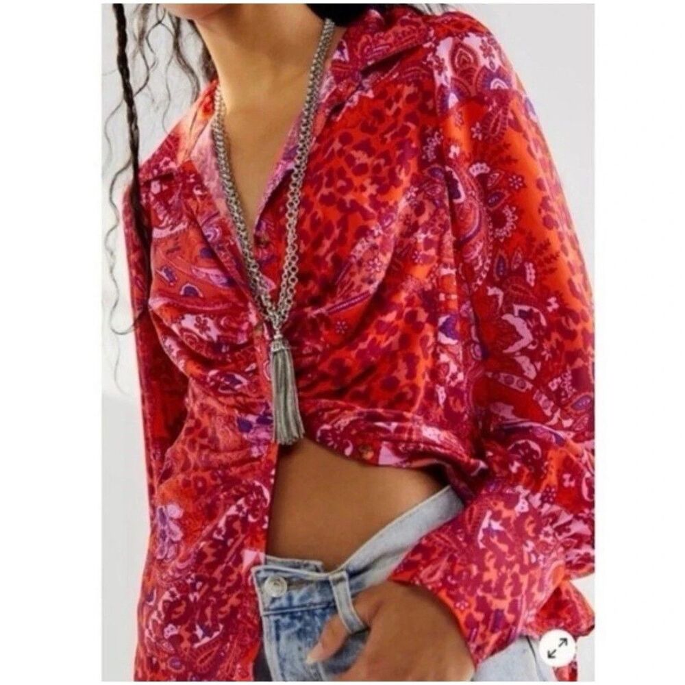 Free People Bianca Satin Ruched Blouse Red Paisley Leopard Button Down Small Boh